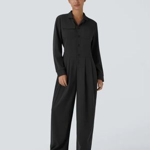 NWT Elegant Black Jumpsuit Size S Halara Ribbed Knit Pockets Collared Button